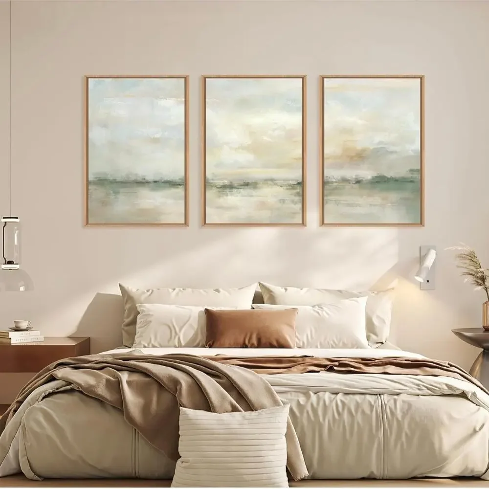 LHIUEM 3Piece Abstract Landscape Framed Wall Art Green Beige 24x36 Canvas New OB